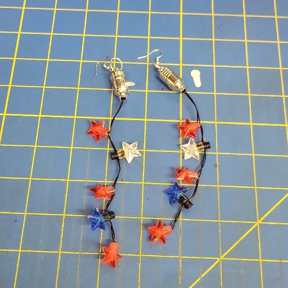 America Colorful Red Blue White Stars Light Up Dangle 6" Earrings